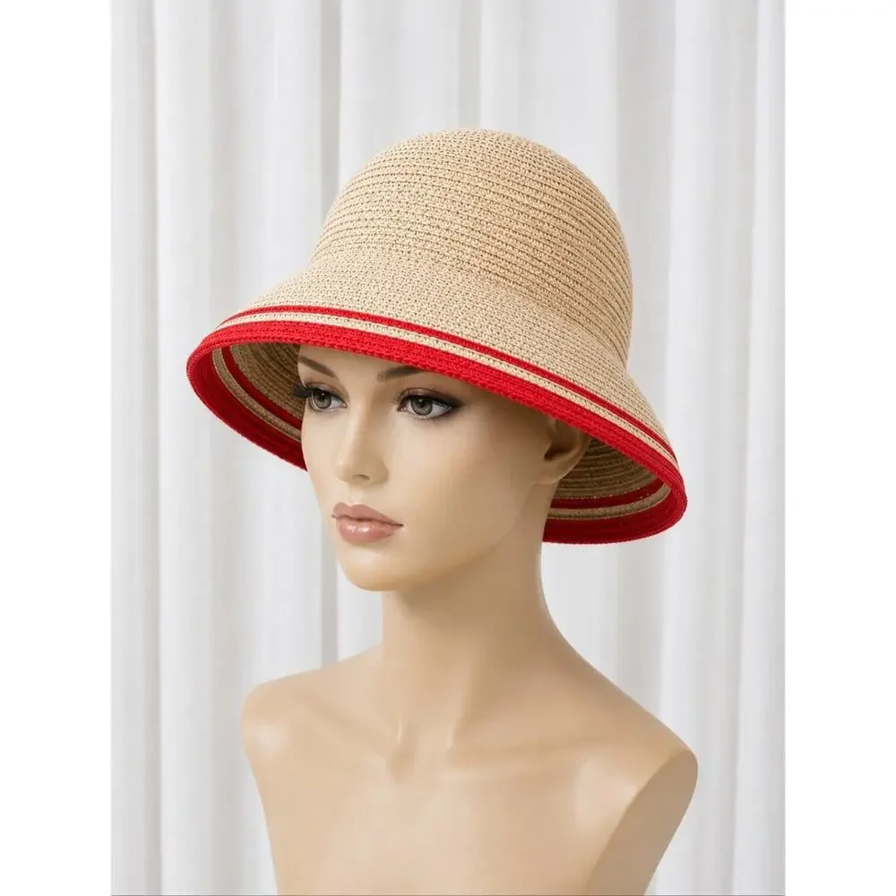 Betmar New York Paper Poly Blend Red Stripe Trim Wide Brim Bell Shape Sun Hat